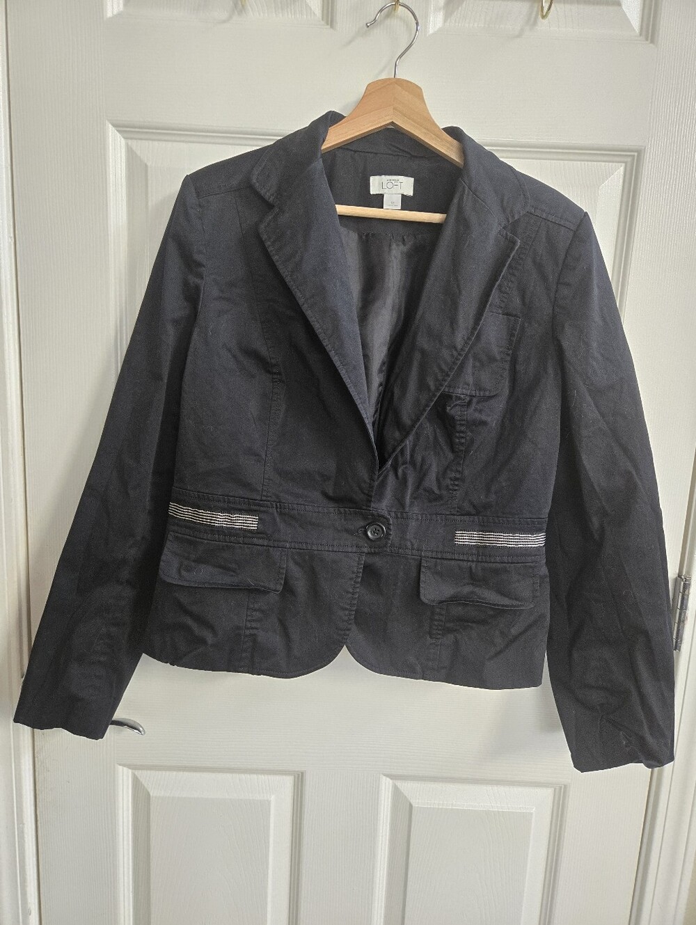 LOFT Ann Taylor Black Cotton Single-Button Blazer with Striped Waist Detail